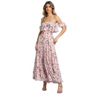 Lulus Chance For Us Maxi Dress Sz L Pink Floral Chiffon Off Shoulder Ruffles New